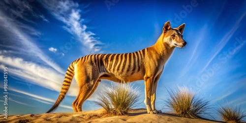 A lone Tasmanian tiger, also known as thylacine, stands isolated in the wild, its distinctive stripes contrasting against a vibrant blue sunny sky, highlighting extinction threat. photo