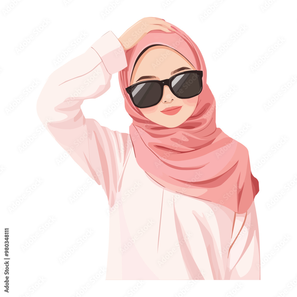 Obraz premium A stylish muslim girl wearing a pink hijab white long sleeves and black sunglasses