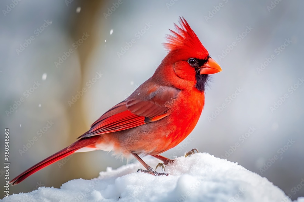 A vibrant Northern cardinal perches upright on a snowy white background, its bright red plumage and crest standing out in stark contrast to the pure white surroundings. A vibrant Northern cardinal perches upright on a snowy white background, its bright red plumage and crest standing out in stark contrast to the pure white surroundings.