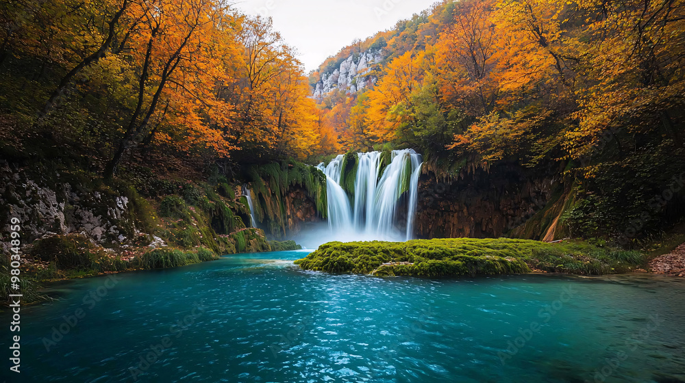 Fototapeta premium Majestic Waterfall Surrounded by Vibrant Autumn Foliage Reflecting in Crystal Clear Blue Water of a Serene Natural Landscape in the Heart of Nature
