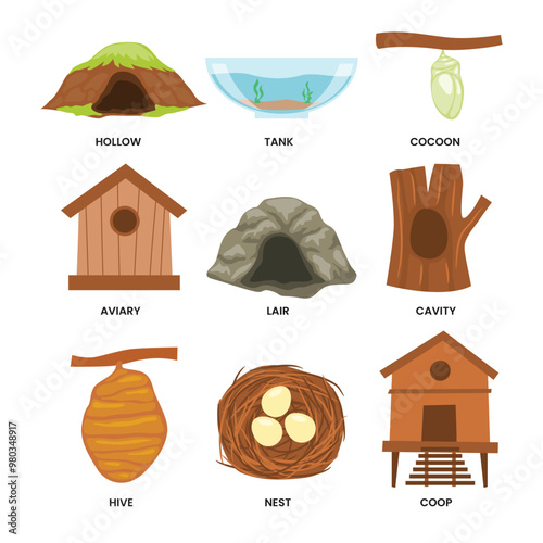 Set of Animal house object name vocabulary for education poster, animal house cartoon wildlife fauna place icon element objects, kindergarten preschool children, vector illustration.