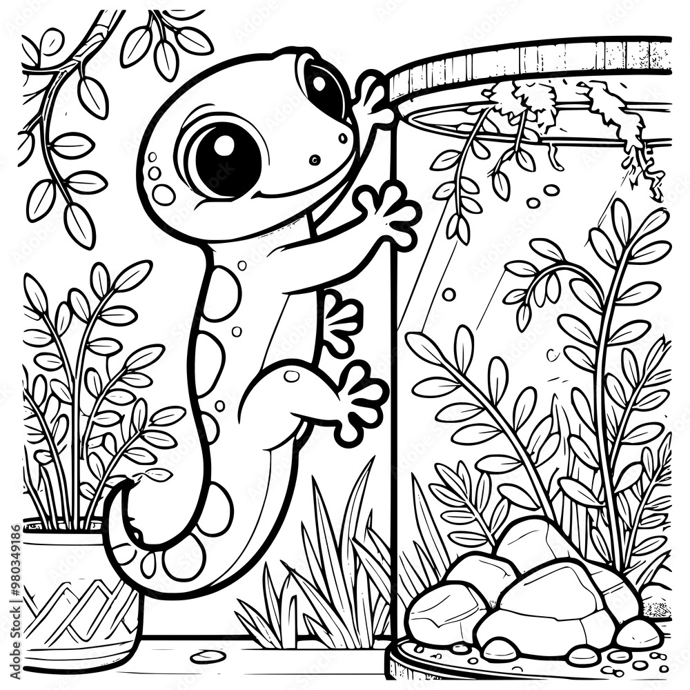 Gecko Colorong Pages Coloring Page of a Cute Cartoon Gecko Climbing on a Terrarium Filled ...