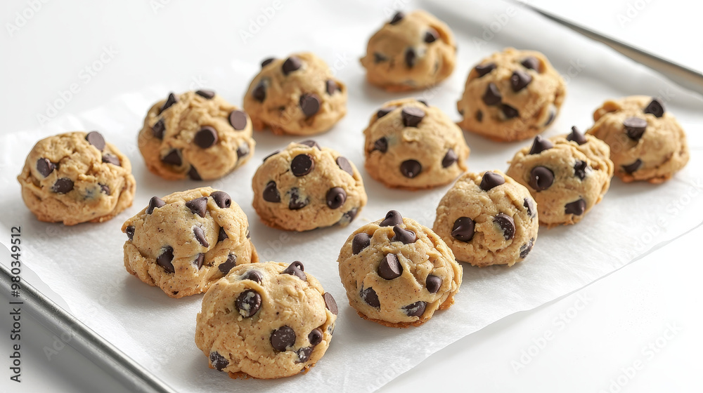 Chocolate chip cookie dough scoops arranged on a baking tray with parchment paper, ready for baking. Chocolate chip cookie dough scoops arranged on a baking tray with parchment paper, ready for baking.