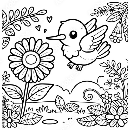 Adorable Cartoon Hummingbird Flying Near a Flower in a Floral Garden Scene Coloring Page for Kids