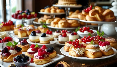 Delightful assortment of French pastries with creamy fillings and fresh berries beautifully arranged on a table in a charming bakery or hotel dining room