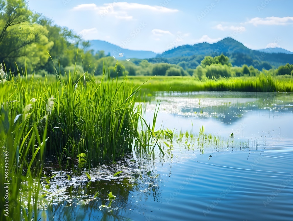 Obraz premium Lush Wetland Ecosystem Project Enhancing Habitat and Water Purification for Wildlife
