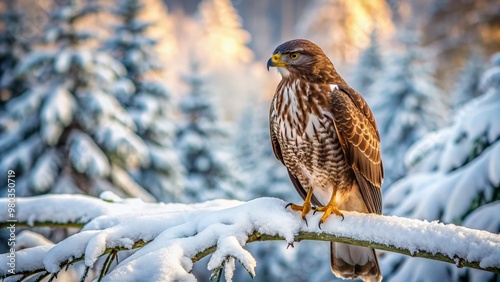 Winter hawk Common buzzard Buteo buteo perches on a snow-covered branch, its feathers fluffed against the cold, gazing out at the serene snowy forest landscape. photo