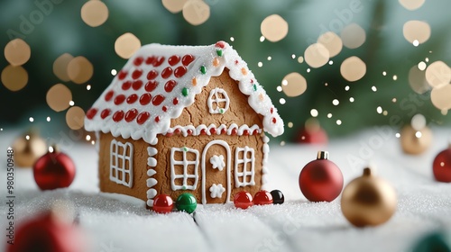 A festive gingerbread house adorned with colorful icing, surrounded by ornaments and a dreamy, snowy backdrop.