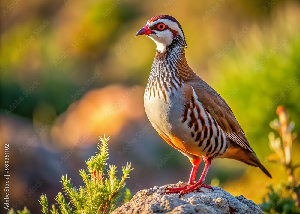 Vibrant red-legged partridge perches on sun-kissed terrain, showcasing striking plumage, gray-brown feathers, and distinctive red legs, amidst lush Mediterranean scrubland in Malaga, Spain. Vibrant red-legged partridge perches on sun-kissed terrain, showcasing striking plumage, gray-brown feathers, and distinctive red legs, amidst lush Mediterranean scrubland in Malaga, Spain.