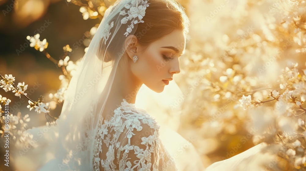 Elegant Bride in Lace Wedding Dress Surrounded by Roses in a Romantic Sunlit Garden for a Timeless Moment Elegant Bride in Lace Wedding Dress Surrounded by Roses in a Romantic Sunlit Garden for a Timeless Moment