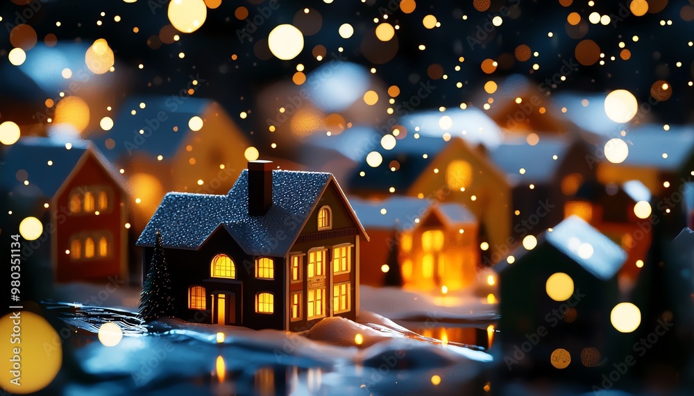 Fototapeta premium A cozy winter scene featuring illuminated houses with soft snow falling, creating a magical, festive atmosphere.