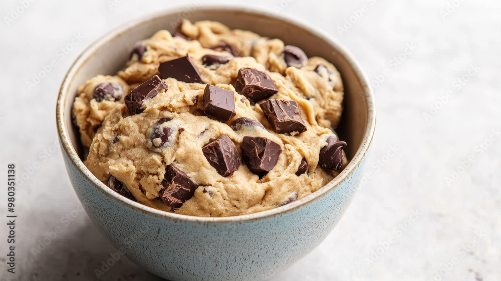 Close-up of homemade chocolate chip cookie dough in a blue ceramic bowl with chunks of chocolate pieces visible Close-up of homemade chocolate chip cookie dough in a blue ceramic bowl with chunks of chocolate pieces visible