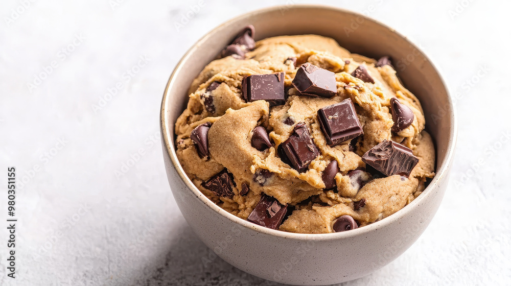Bowl of rich, unbaked chocolate chip cookie dough featuring chunks of dark chocolate on a light background Bowl of rich, unbaked chocolate chip cookie dough featuring chunks of dark chocolate on a light background
