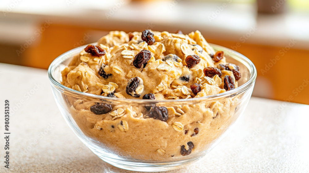 Creamy oatmeal cookie dough with raisins and oats in a clear glass bowl on a kitchen countertop Creamy oatmeal cookie dough with raisins and oats in a clear glass bowl on a kitchen countertop