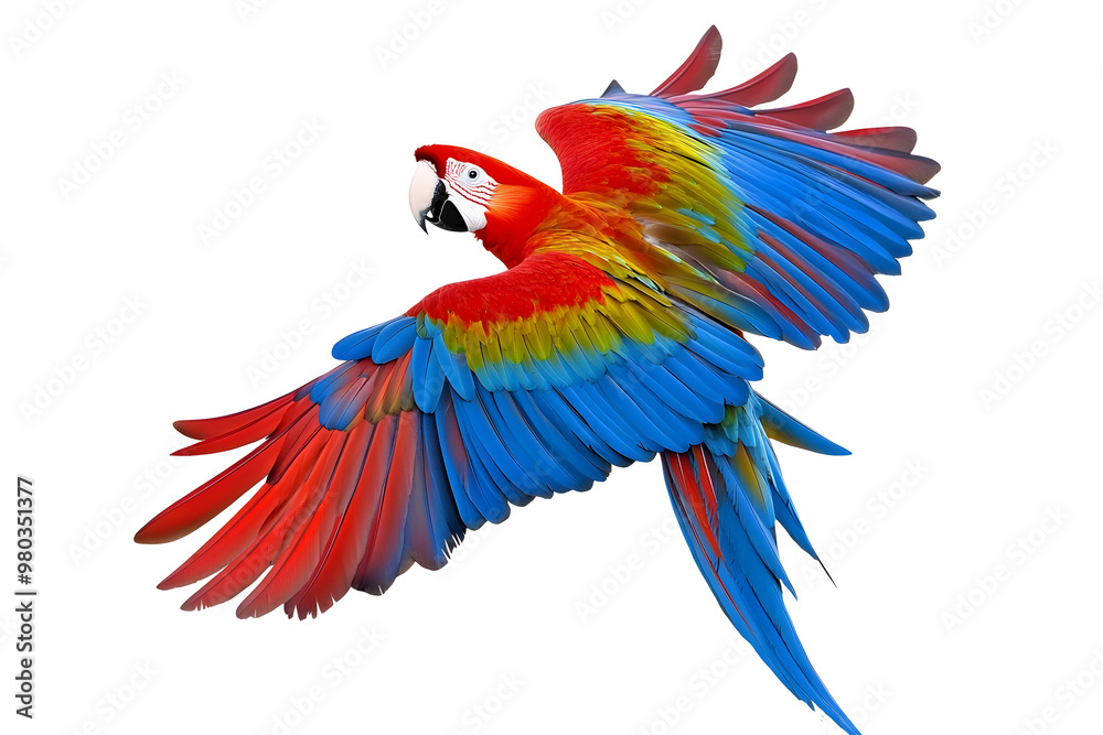 Fototapeta premium Isolated scarlet macaw parrot in flight, with a plain white backdrop