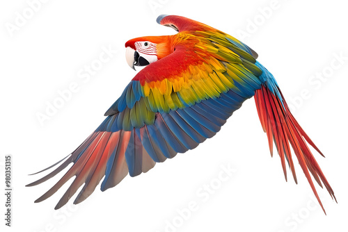 Isolated scarlet macaw parrot in flight, with a plain white backdrop