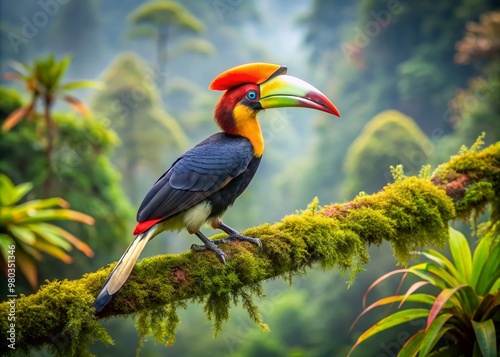 Vibrant hornbill perches on a moss-covered branch of a ancient tree, its brightly colored beak and plumage contrasting with the lush green forest surroundings.