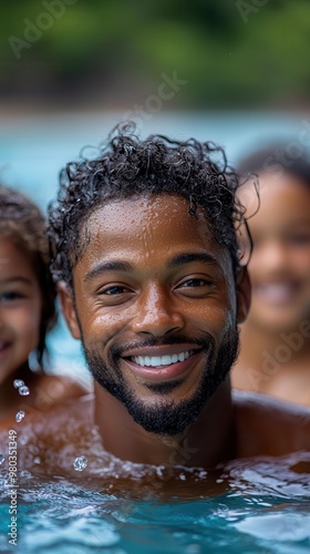 joyful african american family splashing in vibrant pool summer fun genuine smiles sundappled water