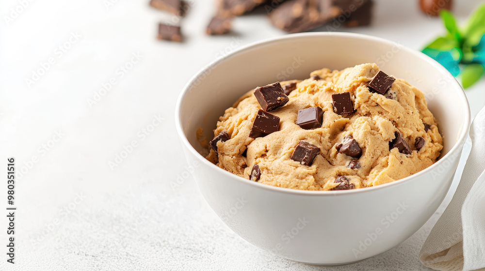 Creamy chocolate chip cookie dough in a white bowl with chunks of dark chocolate, perfect for baking or dessert inspiration Creamy chocolate chip cookie dough in a white bowl with chunks of dark chocolate, perfect for baking or dessert inspiration