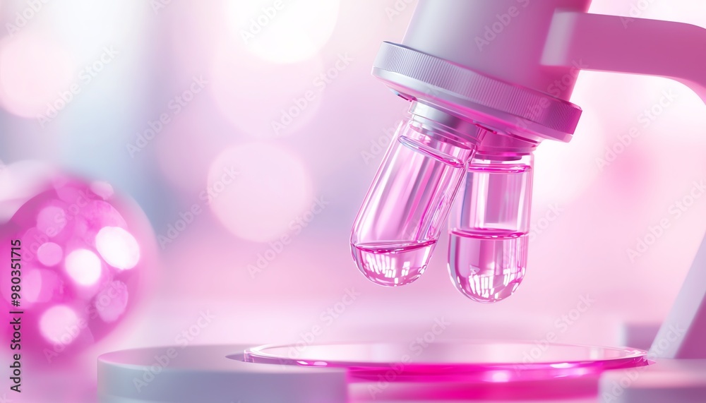 Close-up of a microscope with pink liquid slides, ideal for illustrating scientific research or laboratory themes. Close-up of a microscope with pink liquid slides, ideal for illustrating scientific research or laboratory themes.