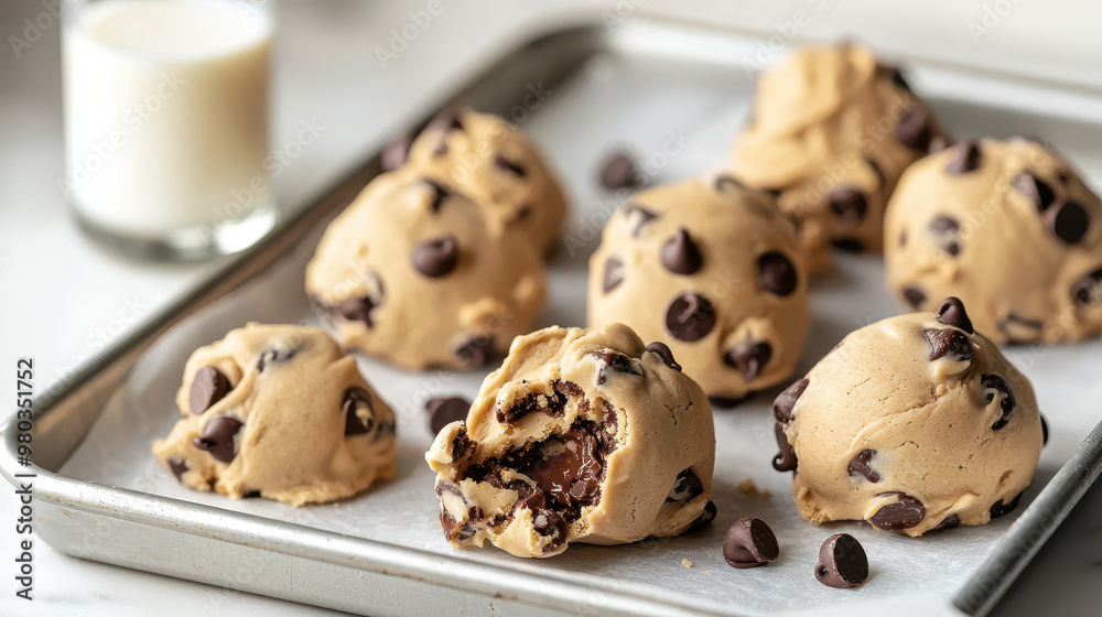 Delicious cookie dough balls with chocolate chips on a tray, surrounded by chocolate chips and a glass of milk in the background Delicious cookie dough balls with chocolate chips on a tray, surrounded by chocolate chips and a glass of milk in the background