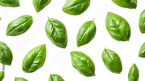 Scattered basil leaves isolated on white and transparent background