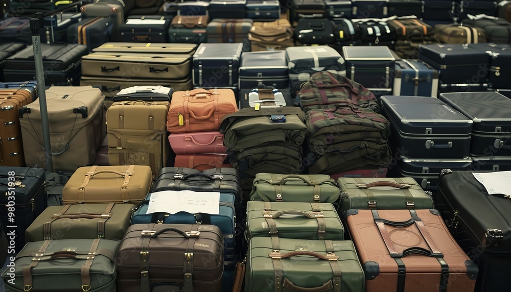 Fototapeta premium Airport scene with a large pile of suitcases and luggage