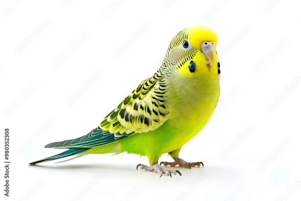 Fototapeta premium A vibrant green budgie stands alone on white backdrop. The budgerigar, also known as a wavy parrot 