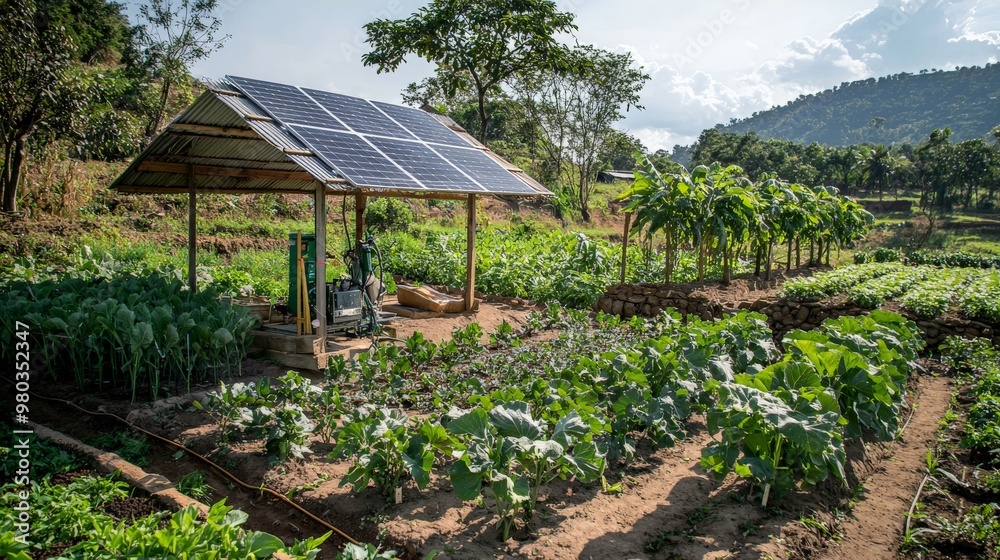 A solar-powered water pump providing irrigation to a large off-grid garden, ensuring a steady food supply even in remote areas. A solar-powered water pump providing irrigation to a large off-grid garden, ensuring a steady food supply even in remote areas.
