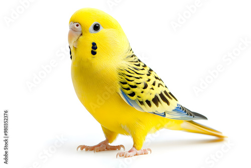 A vibrant yellow budgie stands alone on white backdrop. The budgerigar, also known as a wavy parrot 