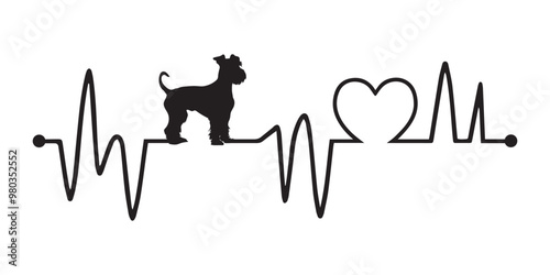 Heartbeat line with Airedale Terrier Dog silhouette, Dog and Heartbeat frequency with Heart Love vector illustration
