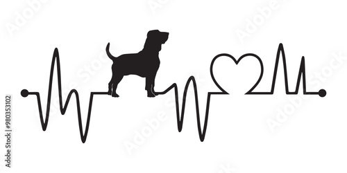 Heartbeat line with Bloodhound Dog silhouette, Dog and Heartbeat frequency with Heart Love vector illustration
 photo