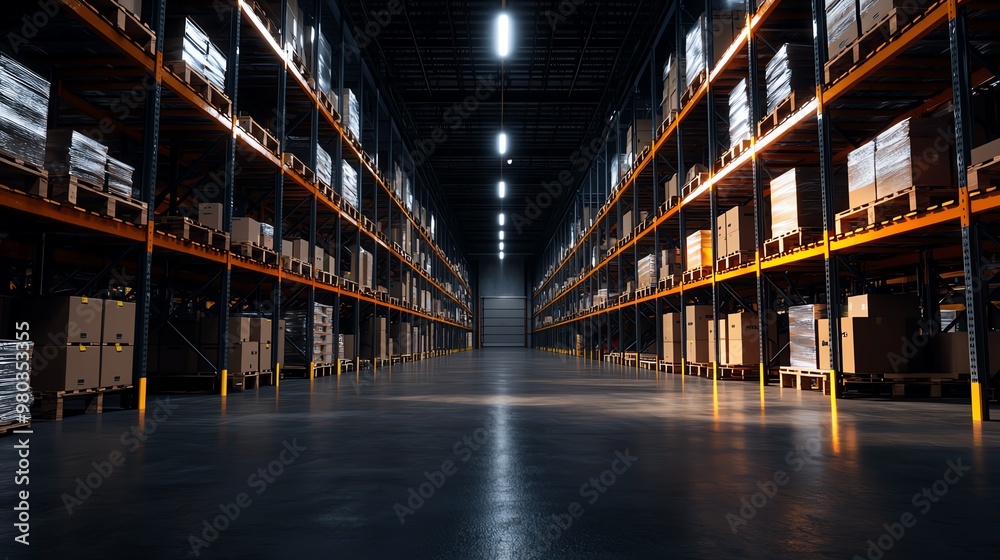 Spacious warehouse interior with organized shelves, featuring stacked pallets and bright overhead lights, ready for efficient storage.