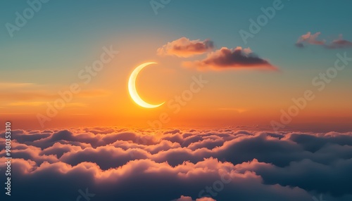 A serene view of a crescent moon illuminating clouds at sunset, creating a dreamy and peaceful atmosphere in the sky.