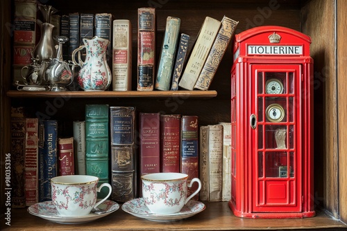 A delightful assortment of timeless British-inspired treasures featuring elegant tea sets, classic literature, and iconic phone booths. photo