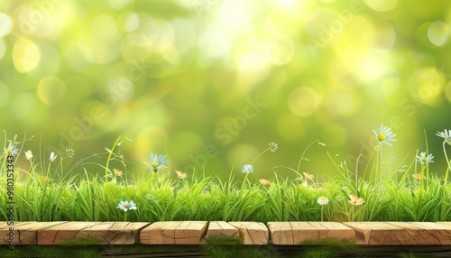 Wooden platform with green grass and flowers against blurred nature background