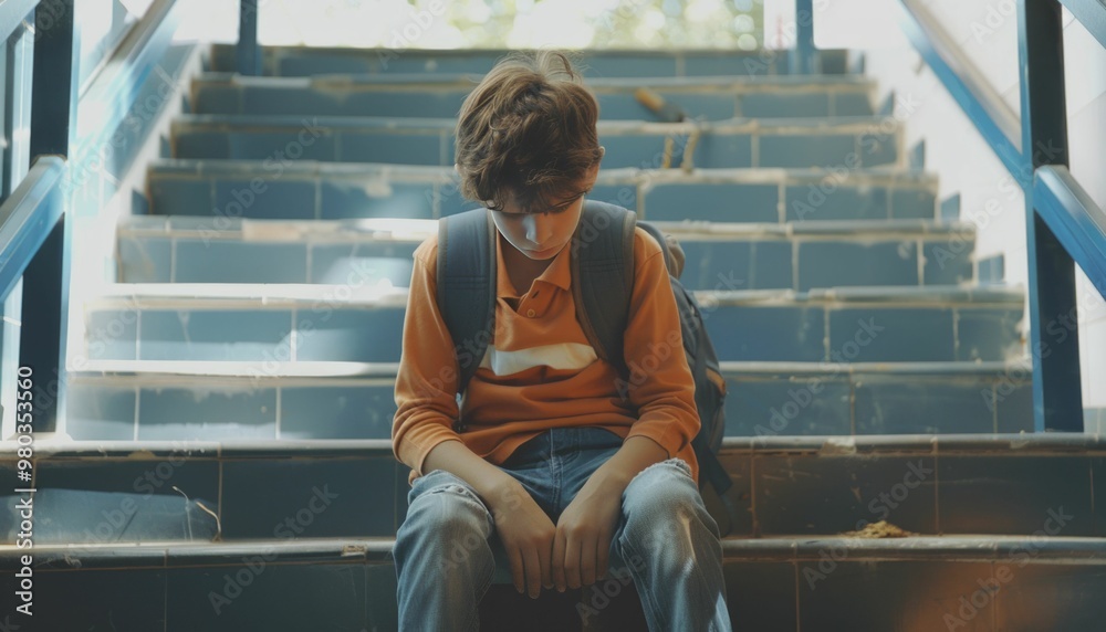 Lonely boy sits on the stairs looking sad and thoughtful Lonely boy sits on the stairs looking sad and thoughtful