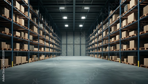 A spacious warehouse interior with neatly organized shelves and cardboard boxes  ideal for storage and logistics imagery.