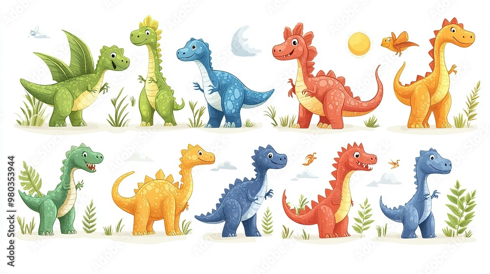 Collection of Eight Cartoon Dinosaurs with Various Colors and Poses Collection of Eight Cartoon Dinosaurs with Various Colors and Poses