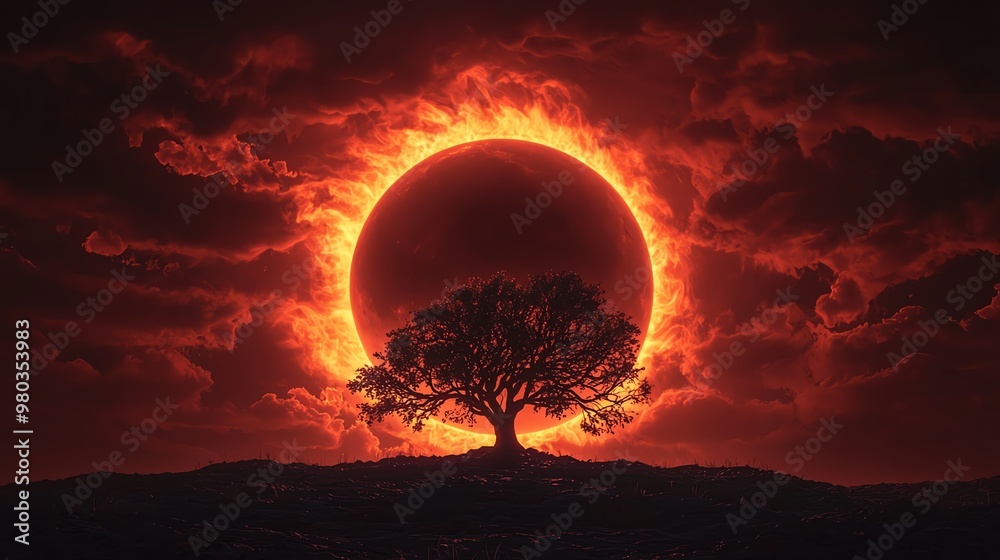 Fototapeta premium Stunning view of a majestic tree silhouetted against a fiery solar eclipse in a dramatic sky.