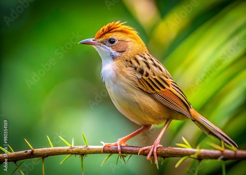 A vibrant Cisticola with a golden head perches on a rusty brown branch amidst lush green foliage in a tropical West Papuan rainforest. photo