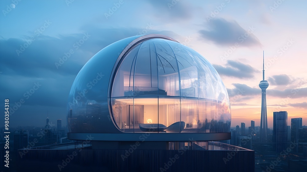 Obraz premium Panoramic Glass Dome Atop Luxury Building Offering Sweeping City Skyline Views