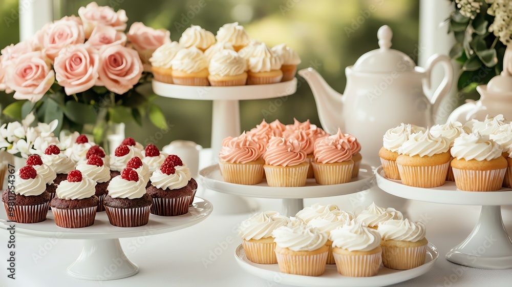 An elegant display of colorful cupcakes and roses, perfect for a cheerful tea party or celebration setting. An elegant display of colorful cupcakes and roses, perfect for a cheerful tea party or celebration setting.