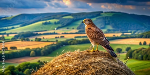 A majestic harrier hawk perches atop a rustic haystack, feathers rustling in the breeze, overlooking a serene farm landscape with rolling hills and green pastures. photo