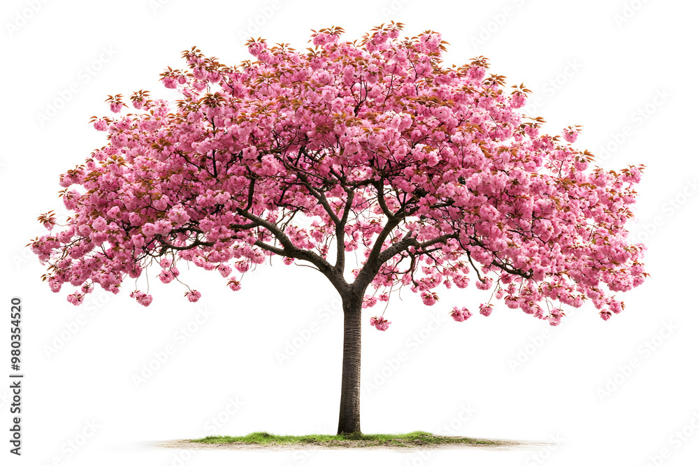 Sakura tree with pink blossoms stands alone against a white background
Sakura tree with pink blossoms stands alone against a white background