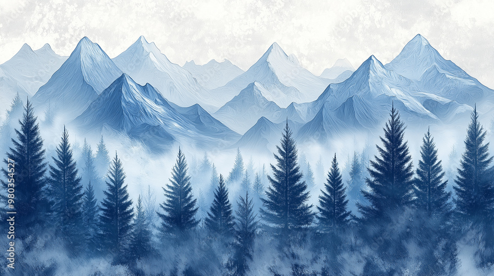 Fototapeta premium Pine Trees and Snowy Mountains: A winter-themed pattern with tall pine trees and snowy mountain peaks, arranged in a repetitive landscape. The trees and mountains are depicted with