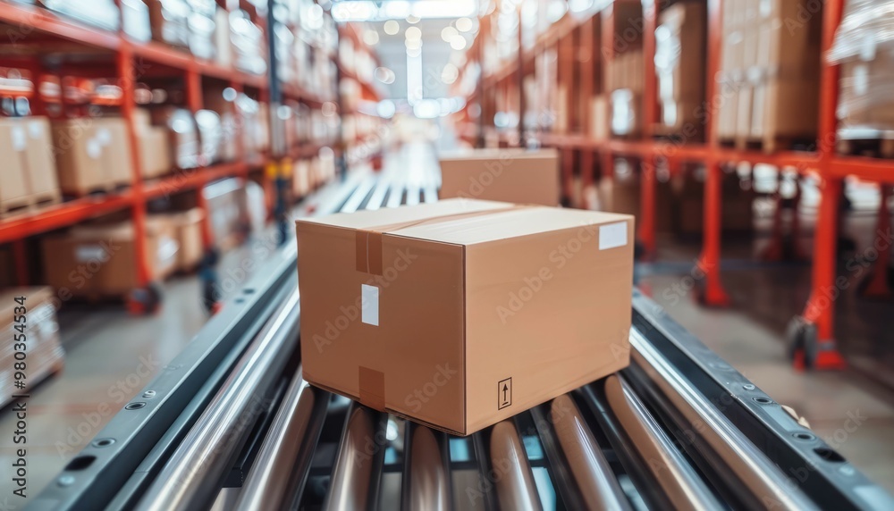Cardboard box on a conveyor belt in a warehouse Cardboard box on a conveyor belt in a warehouse