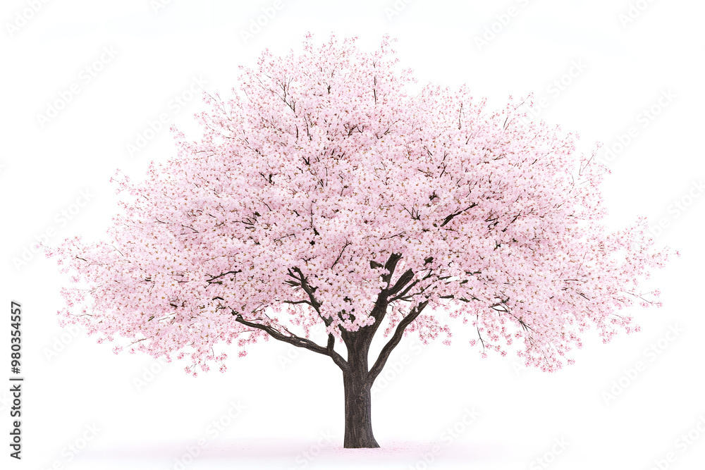 Sakura tree with pink blossoms stands alone against a white background
Sakura tree with pink blossoms stands alone against a white background