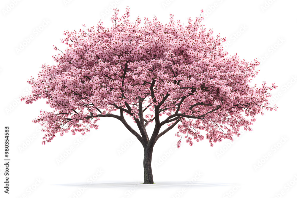 Fototapeta premium Sakura tree with pink blossoms stands alone against a white background