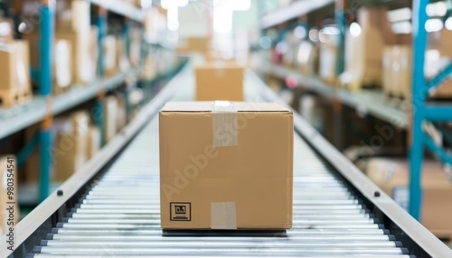 Cardboard box on a conveyor belt in a warehouse photo